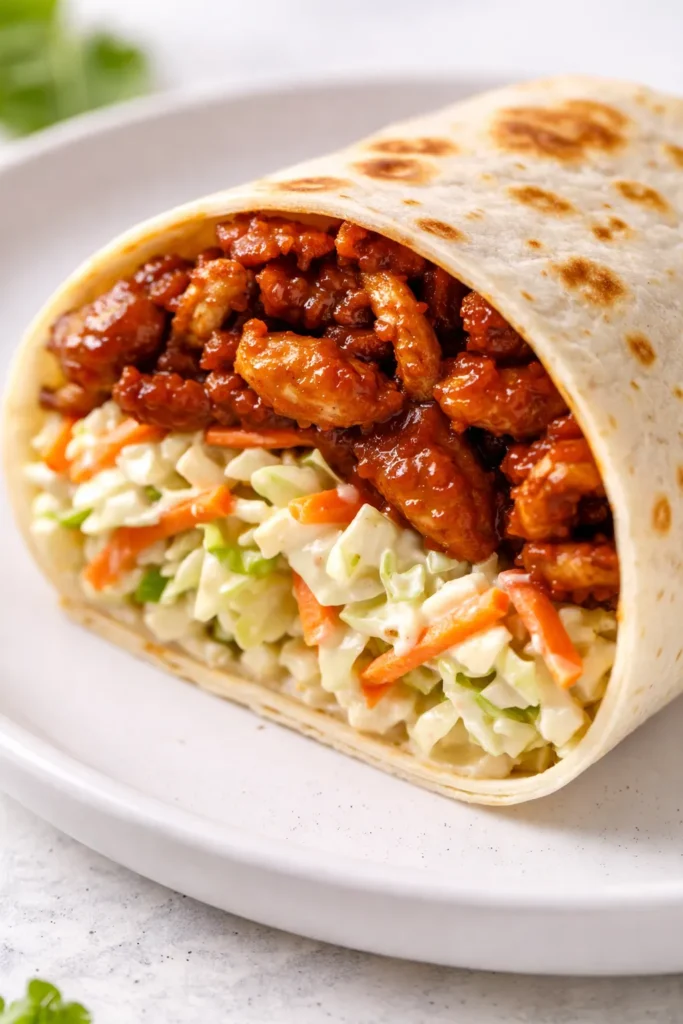BBQ chicken coleslaw wraps on a plate, filled with crisp coleslaw and smoky shredded chicken, drizzled with barbecue sauce