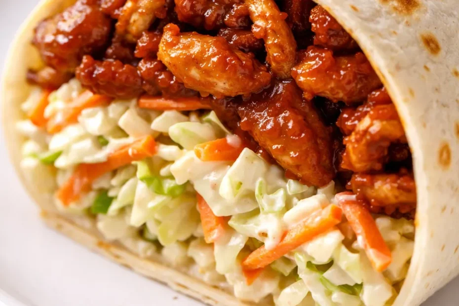 BBQ chicken coleslaw wraps on a plate, filled with crisp coleslaw and smoky shredded chicken, drizzled with barbecue sauce