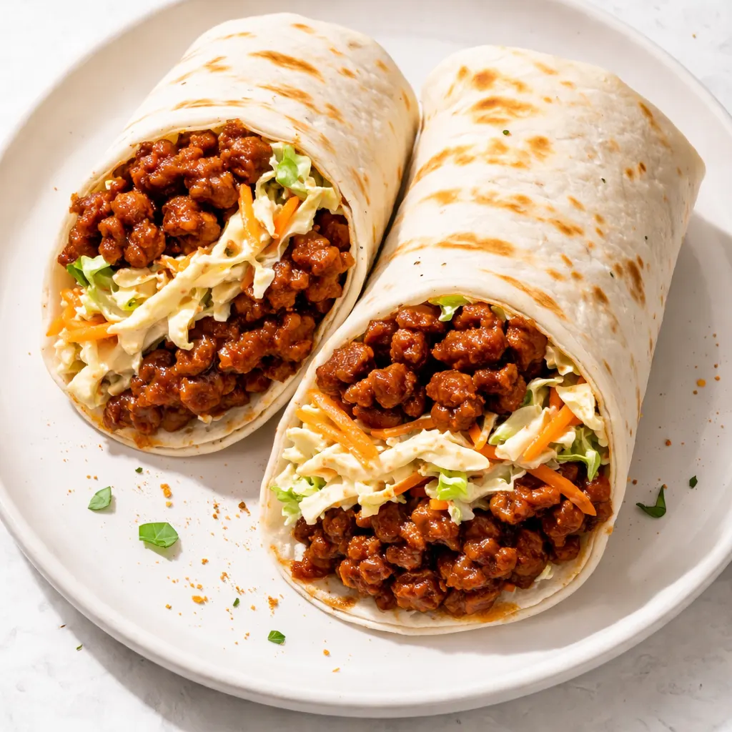 Tangy coleslaw and smoky barbecue chicken being spooned onto a tortilla for quick BBQ chicken coleslaw wraps, with a creamy secret weapon dressing adding bright color and texture.