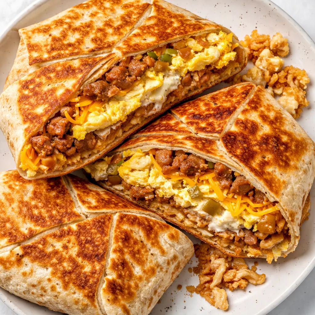Golden brown breakfast crunchwrap with crispy edges and melted cheese filling on a cast iron skillet.