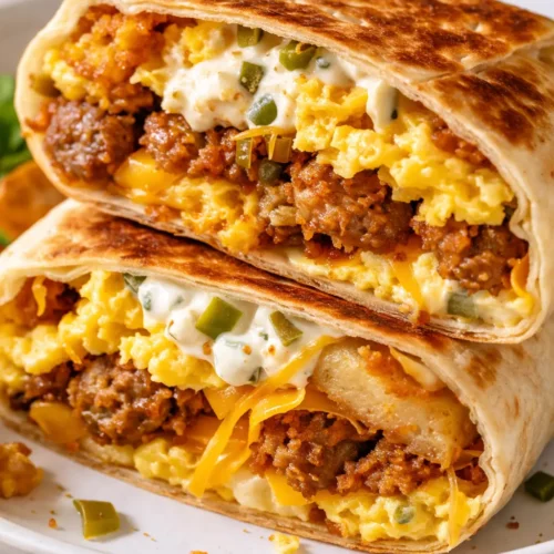 Golden and crispy breakfast crunchwrap filled with scrambled eggs, melted cheese, bacon, and hash browns, salsa on side.