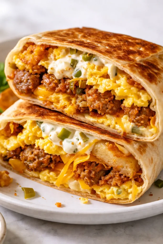 Golden and crispy breakfast crunchwrap filled with scrambled eggs, melted cheese, bacon, and hash browns, salsa on side.