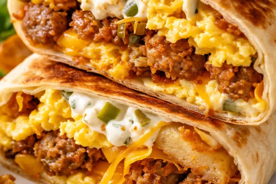 Golden and crispy breakfast crunchwrap filled with scrambled eggs, melted cheese, bacon, and hash browns, salsa on side.
