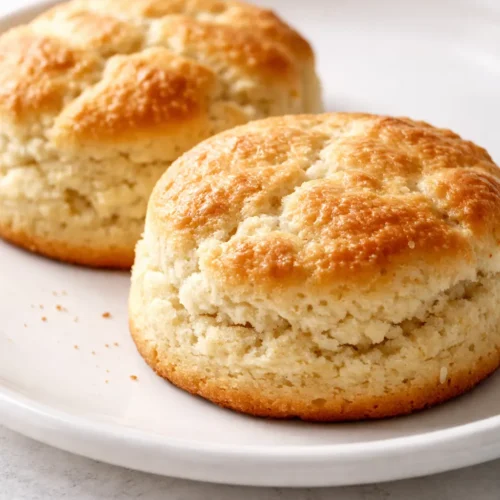 Fluffy breakfast protein biscuits golden brown on a plate with melted butter, ready in 25 minutes.