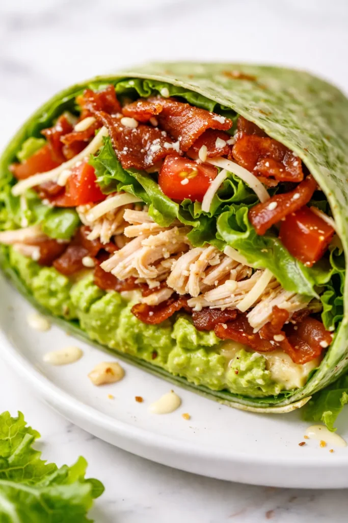 Fresh California club wrap cut in half revealing crisp bacon, avocado, and turkey layers on a golden tortilla.