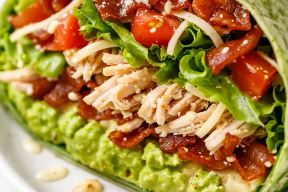 Fresh California club wrap cut in half revealing crisp bacon, avocado, and turkey layers on a golden tortilla.
