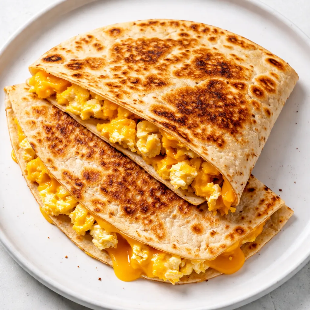 Golden brown cheddar eggs quesadilla being flipped in a nonstick pan, crispy edges visible, melted cheese oozing from the side.