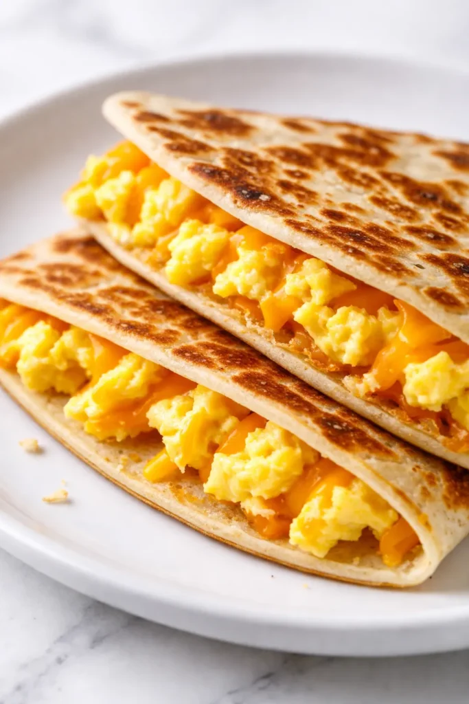 Golden brown crispy cheddar eggs quesadilla on a plate with melted cheese and egg filling, perfect for quick meals.