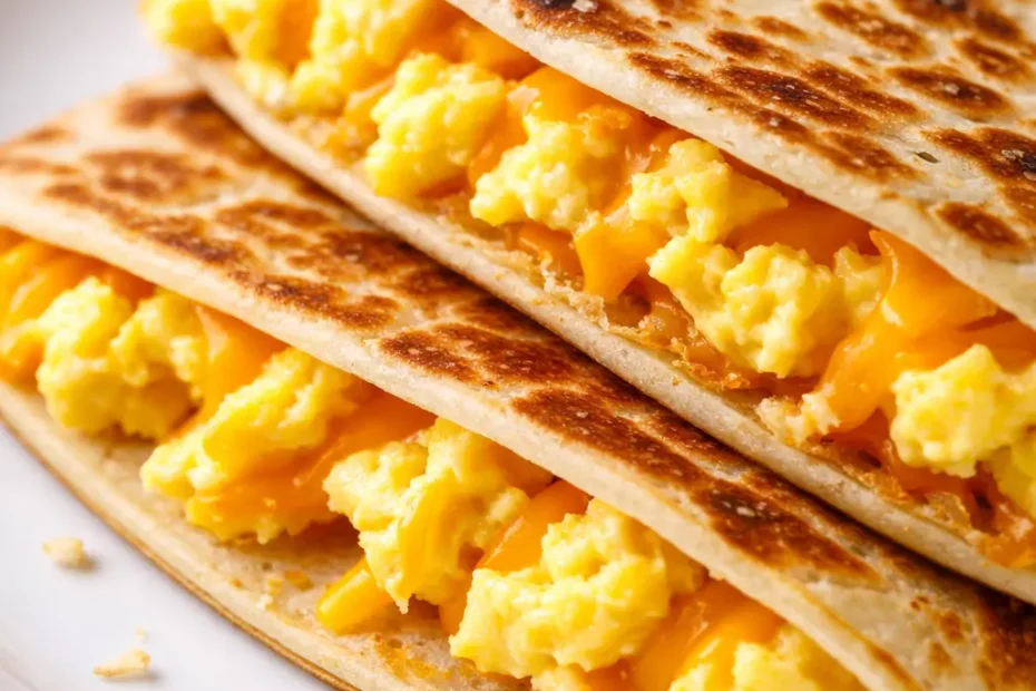 Golden brown crispy cheddar eggs quesadilla on a plate with melted cheese and egg filling, perfect for quick meals.
