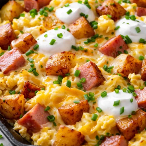 Golden cheesy potato egg scramble in a skillet with melted cheese, crispy potato cubes, and fluffy eggs, topped with fresh herbs.