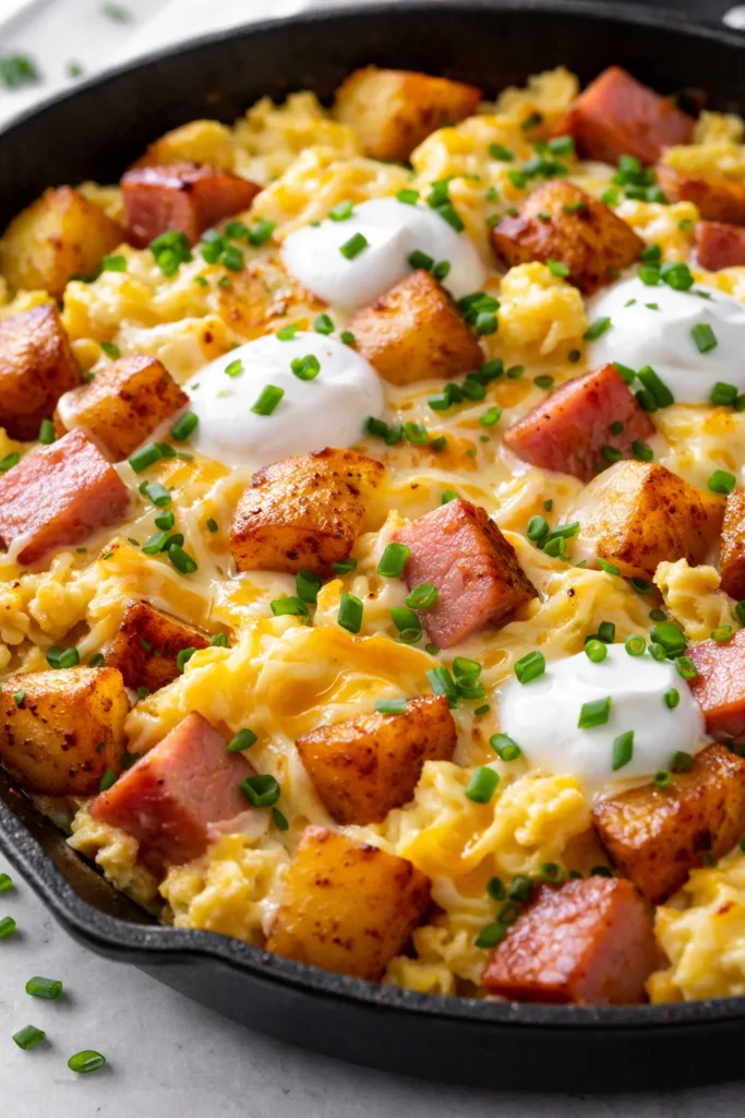 Golden cheesy potato egg scramble in a skillet with melted cheese, crispy potato cubes, and fluffy eggs, topped with fresh herbs.