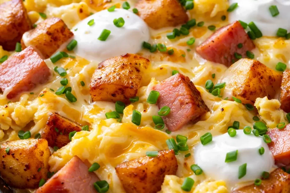 Golden cheesy potato egg scramble in a skillet with melted cheese, crispy potato cubes, and fluffy eggs, topped with fresh herbs.