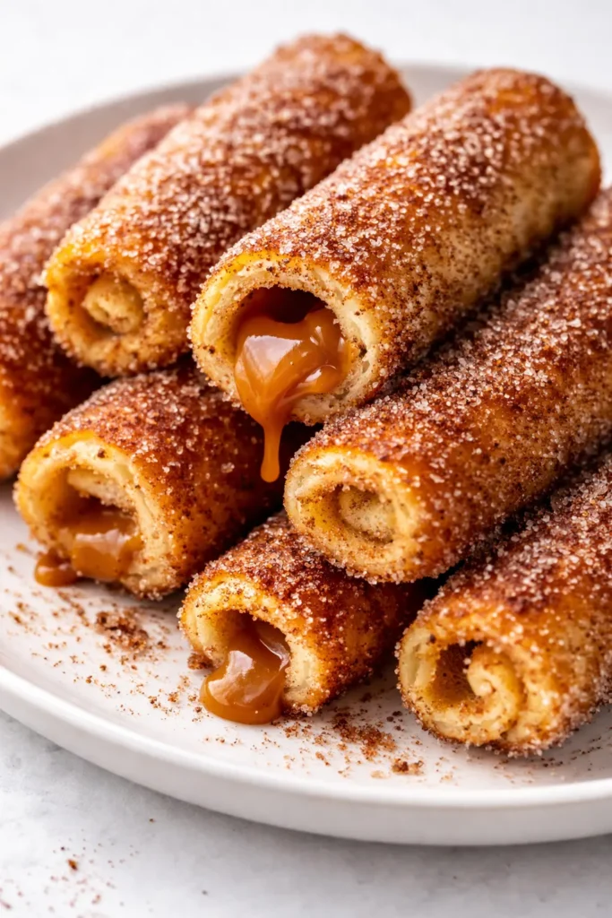 Golden brown cinnamon sugar french toast roll-ups filled with creamy spread, dusted with powdered sugar, and drizzled with maple syrup on a plate.