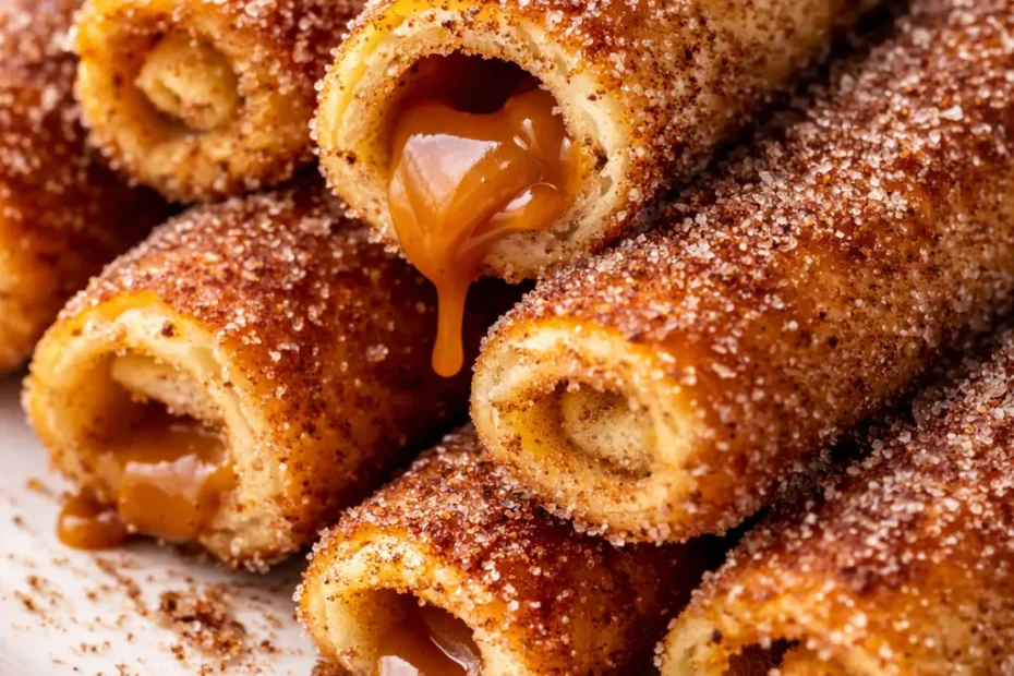 Golden brown cinnamon sugar french toast roll-ups filled with creamy spread, dusted with powdered sugar, and drizzled with maple syrup on a plate.