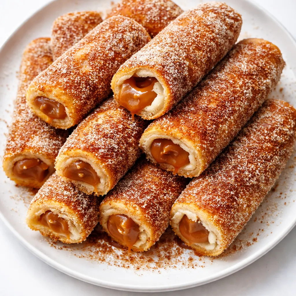 Cinnamon sugar French toast roll-ups sizzling in a skillet, golden brown with a dusting of cinnamon sugar.