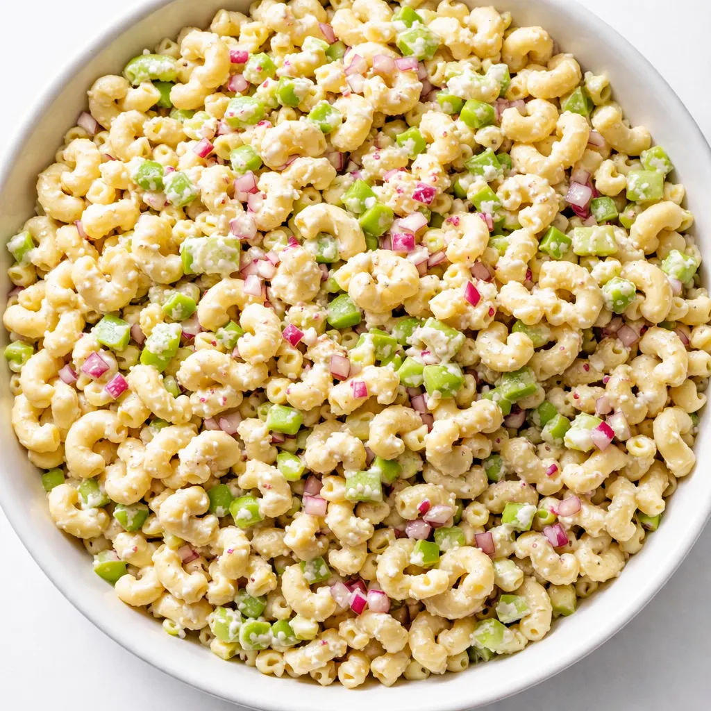 Pouring creamy tangy dressing over cooked elbow macaroni and diced vegetables in a large bowl