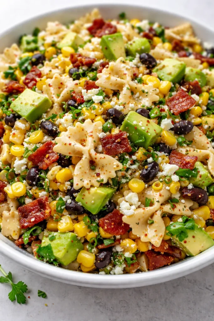 Creamy corn pasta salad with crispy bacon, diced avocado, and tangy dressing in a serving bowl