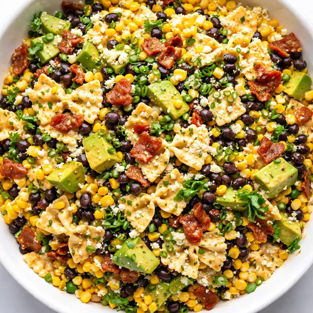 Creamy corn pasta salad topped with crispy bacon pieces and fresh diced avocado in a white bowl, featuring a tangy dressing.
