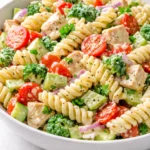 Creamy pasta salad with tender rotini, crisp bell peppers, and a rich dressing, staying perfectly non-soggy even on day two.