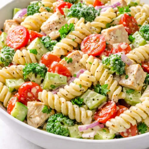 Creamy pasta salad with tender rotini, crisp bell peppers, and a rich dressing, staying perfectly non-soggy even on day two.
