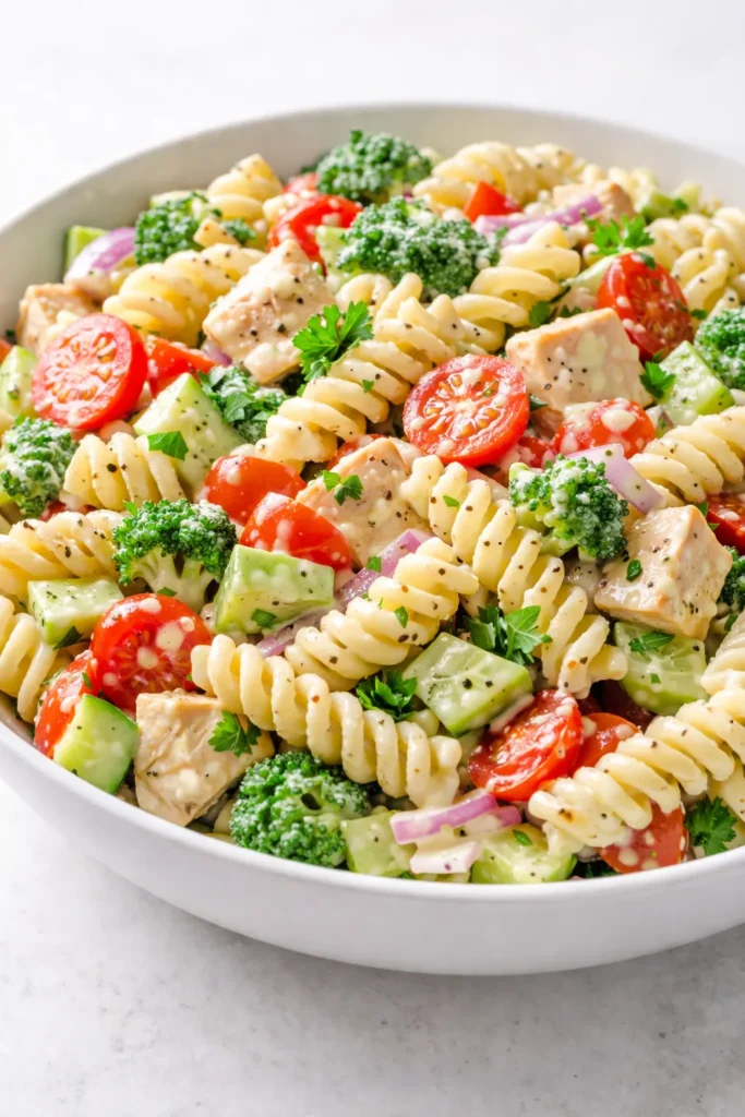 Creamy pasta salad with tender rotini, crisp bell peppers, and a rich dressing, staying perfectly non-soggy even on day two.
