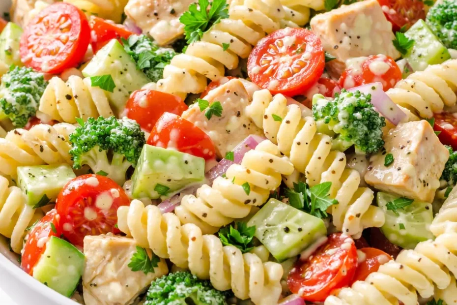 Creamy pasta salad with tender rotini, crisp bell peppers, and a rich dressing, staying perfectly non-soggy even on day two.