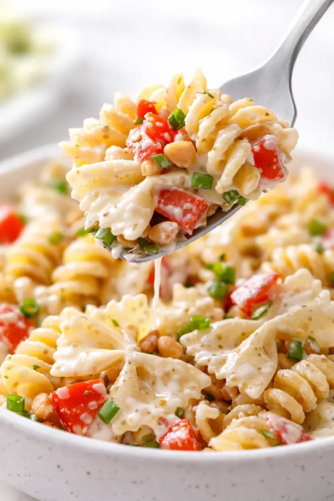 A generous serving of creamy pasta salad with tender rotini, fresh bell peppers, and a rich dressing, showing a creamy texture without excess liquid.