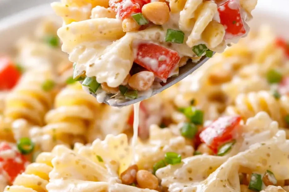 A generous serving of creamy pasta salad with tender rotini, fresh bell peppers, and a rich dressing, showing a creamy texture without excess liquid.