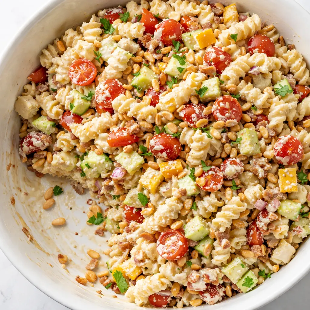 Creamy pasta salad being mixed with vibrant vegetables and creamy dressing, texture smooth and glossy.