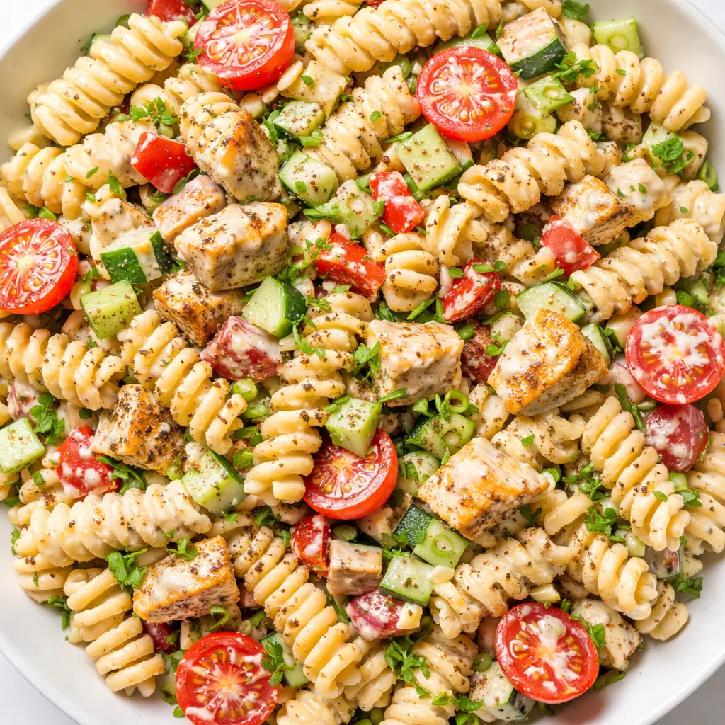Creamy pasta salad tossed with bell peppers, celery, and a tangy mayo dressing, holding its shape and texture for next-day freshness.