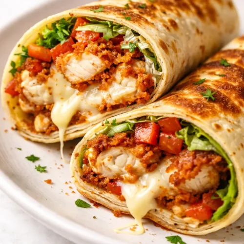 Crispy golden-brown air fryer chicken and mozzarella wraps with melted cheese, shredded lettuce, and diced tomatoes on a plate, garnished with fresh parsley.