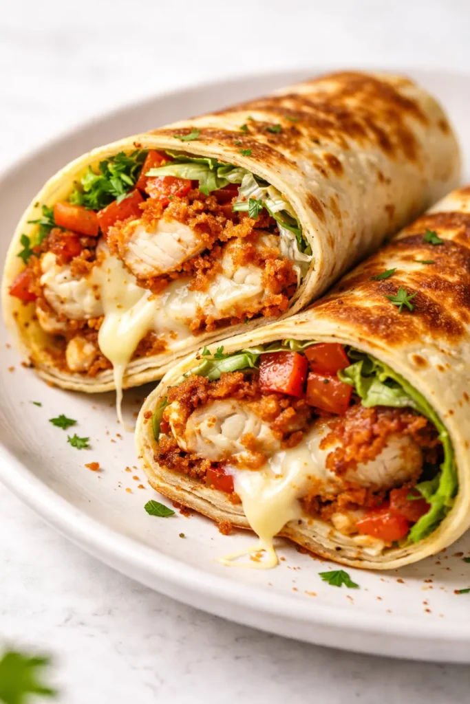 Crispy golden-brown air fryer chicken and mozzarella wraps with melted cheese, shredded lettuce, and diced tomatoes on a plate, garnished with fresh parsley.