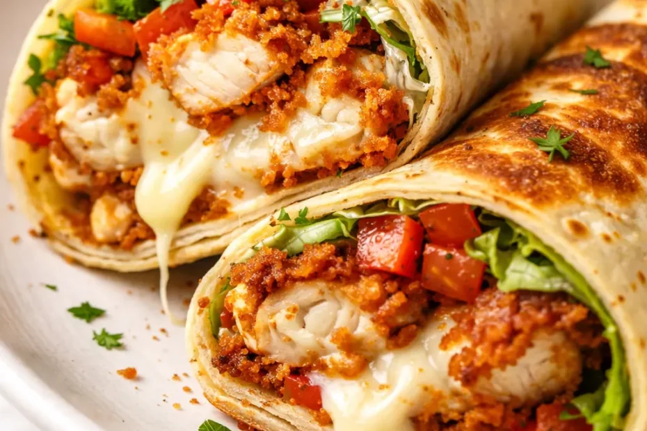 Crispy golden-brown air fryer chicken and mozzarella wraps with melted cheese, shredded lettuce, and diced tomatoes on a plate, garnished with fresh parsley.