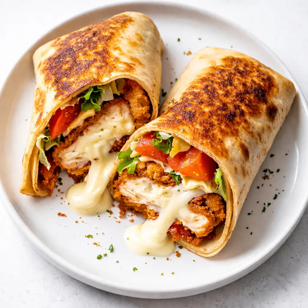 Golden brown crispy air fryer chicken and mozzarella wrap with melted cheese, served on a plate.