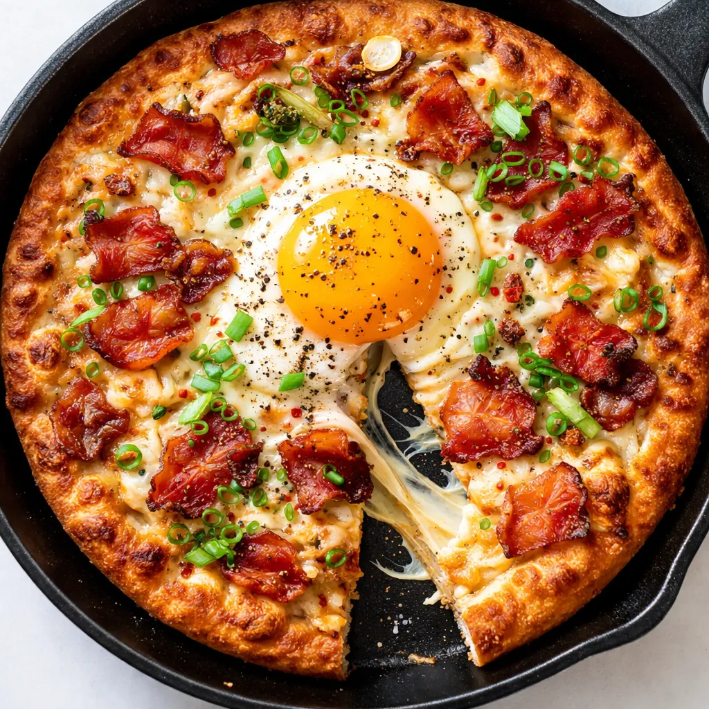 Golden crispy pizza crust topped with melted cheese, savory bacon, and a perfectly runny egg yolk in the center