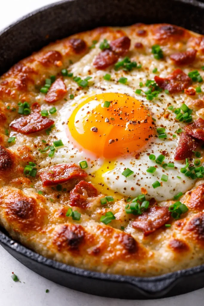 Golden crispy breakfast pizza with melted cheese, crispy bacon, and a perfectly runny egg center, garnished with chives.