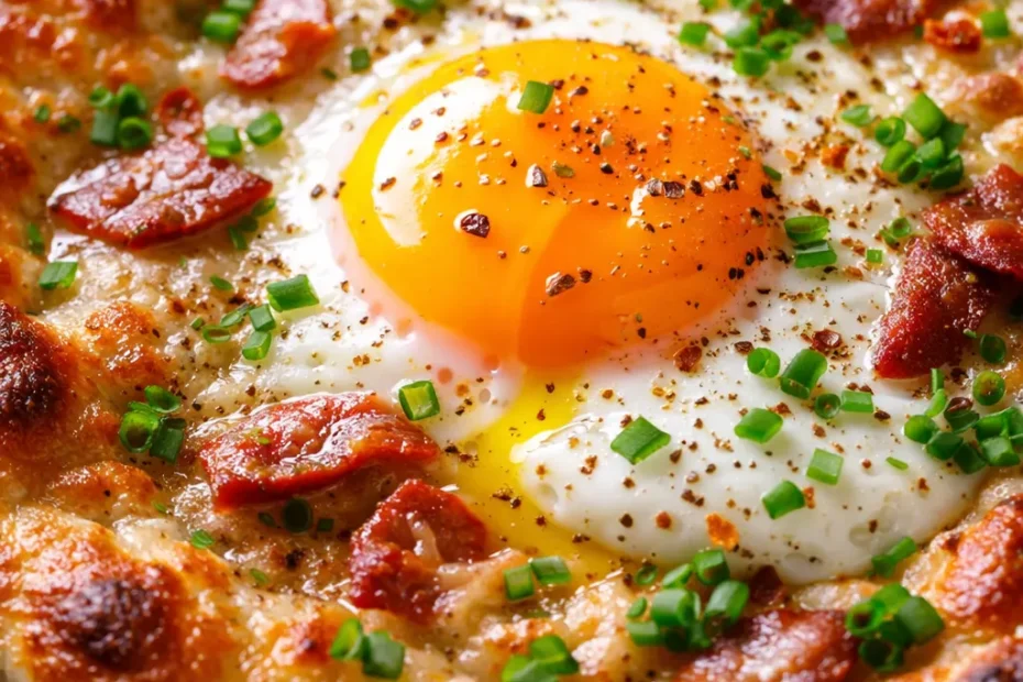 Golden crispy breakfast pizza with melted cheese, crispy bacon, and a perfectly runny egg center, garnished with chives.