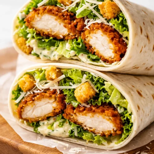 Golden brown crispy chicken Caesar wrap cut in half, showing crunchy lettuce, grilled chicken, and creamy dressing inside a toasted tortilla.