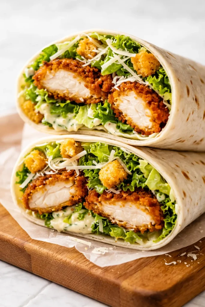 Golden brown crispy chicken Caesar wrap cut in half, showing crunchy lettuce, grilled chicken, and creamy dressing inside a toasted tortilla.