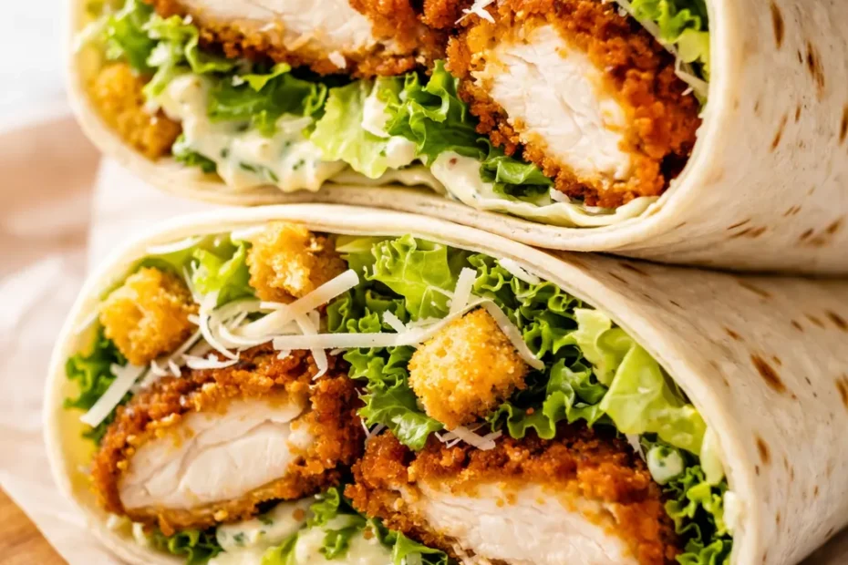 Golden brown crispy chicken Caesar wrap cut in half, showing crunchy lettuce, grilled chicken, and creamy dressing inside a toasted tortilla.