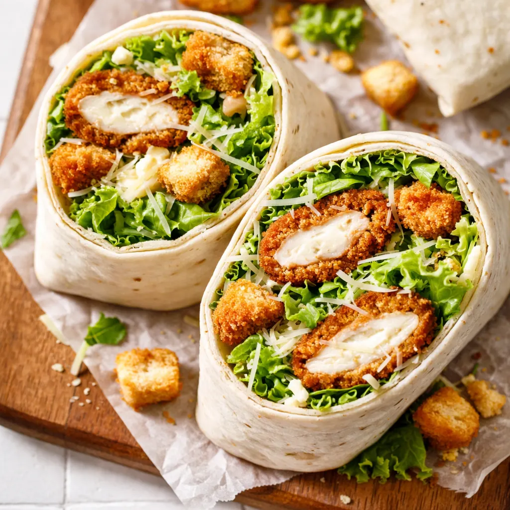 Hands wrapping a flour tortilla around crispy chicken Caesar salad with crunchy lettuce and shaved parmesan.