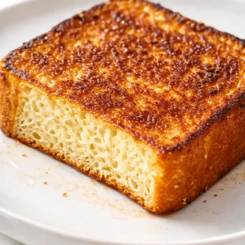 A slice of French toast with a golden brown crispy crust and soft custardy center, drizzled with maple syrup and topped with butter.