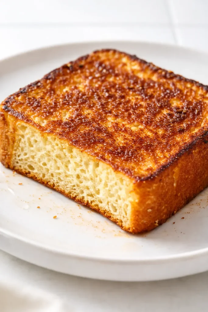 A slice of French toast with a golden brown crispy crust and soft custardy center, drizzled with maple syrup and topped with butter.