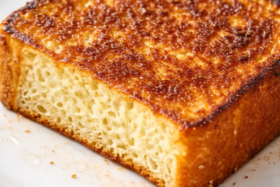 A slice of French toast with a golden brown crispy crust and soft custardy center, drizzled with maple syrup and topped with butter.