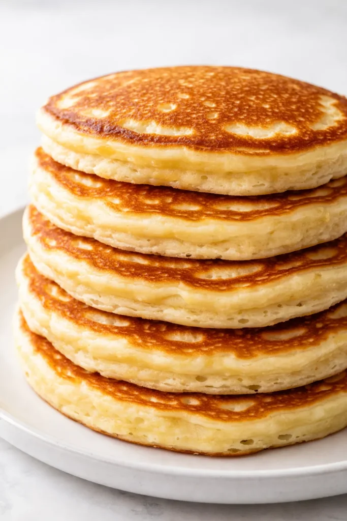 Stack of fluffy golden-brown pancakes with melted butter and maple syrup, garnished with fresh blueberries.