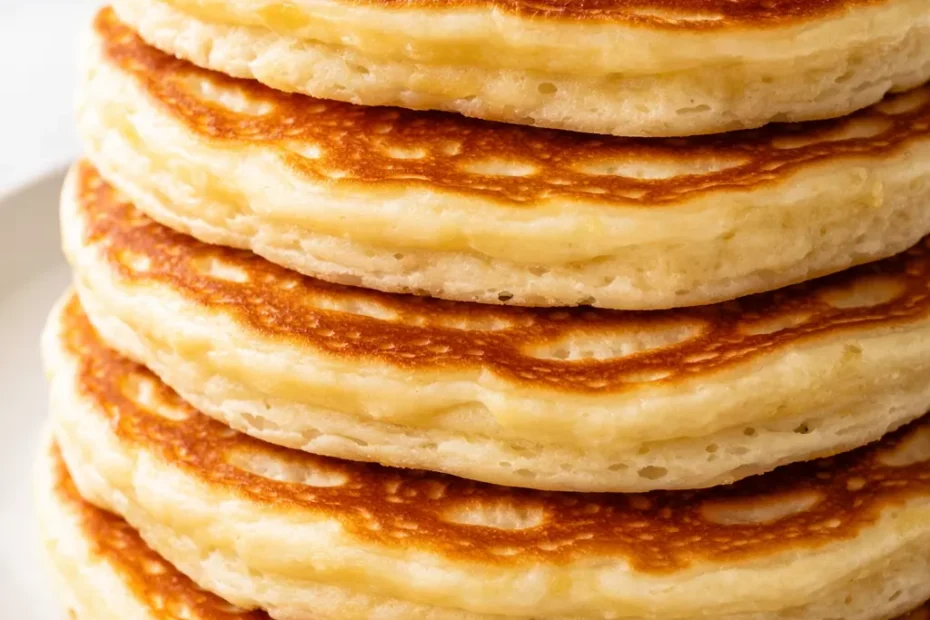 Stack of fluffy golden-brown pancakes with melted butter and maple syrup, garnished with fresh blueberries.