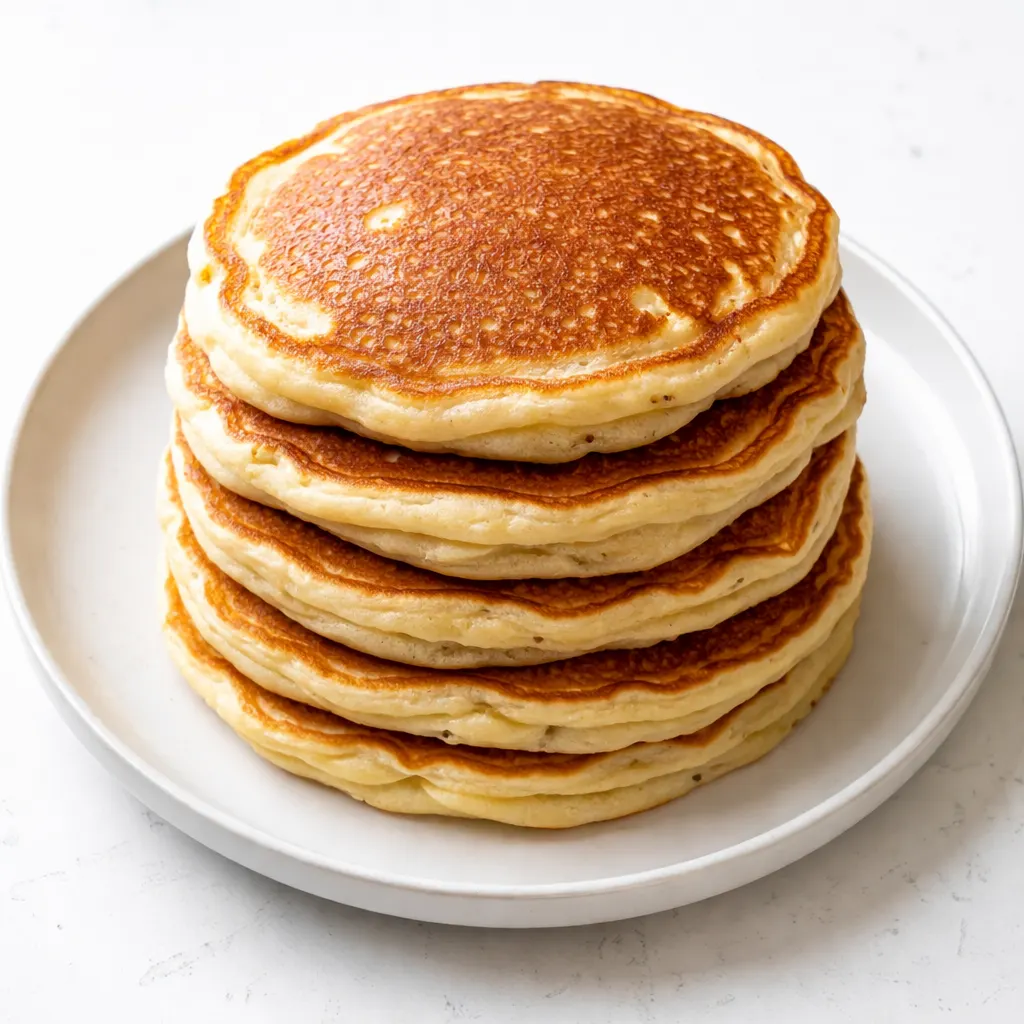 Bubbling batter poured onto a hot griddle to make easy fluffy pancakes, golden brown and airy.