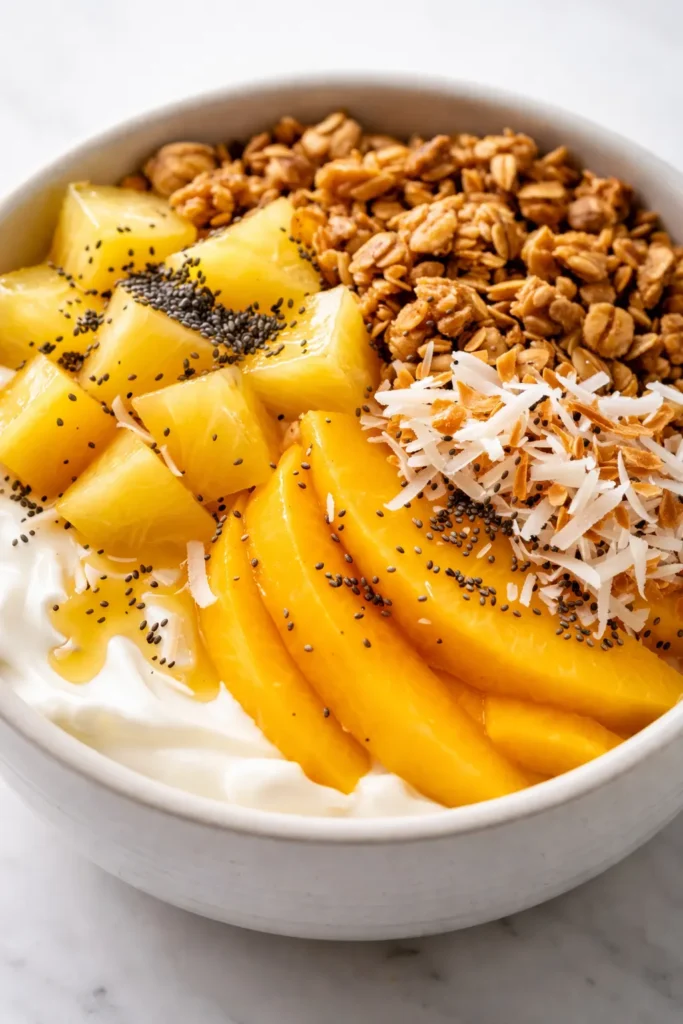 Creamy yogurt granola bowl topped with crunchy granola clusters, fresh blueberries, and a drizzle of honey on a white ceramic bowl.