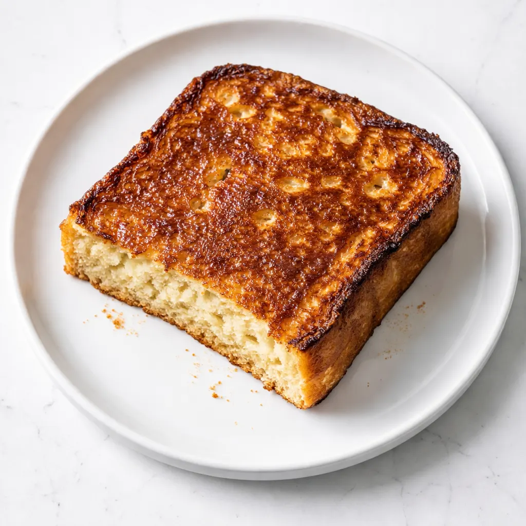 Golden brown French toast with crispy exterior and soft custard center, drizzled with maple syrup and sprinkled with powdered sugar on a white plate.