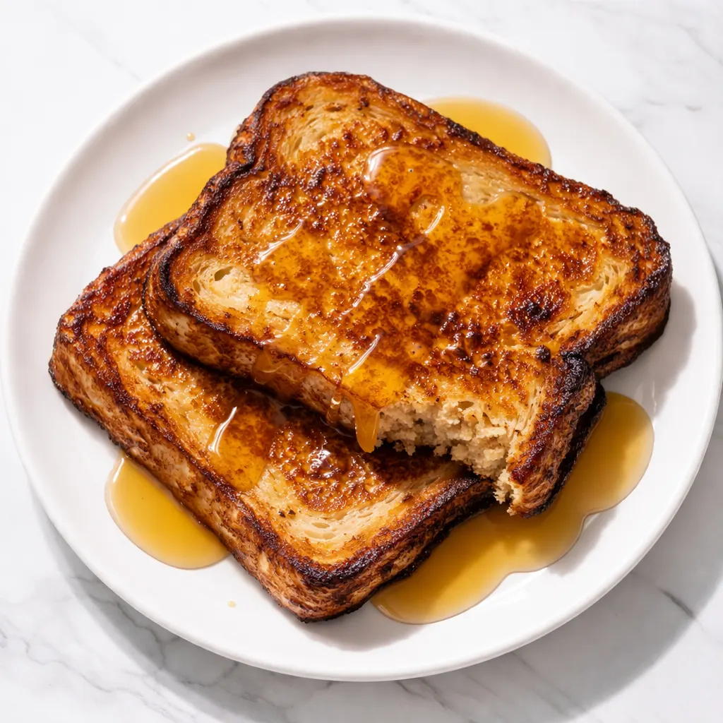 Perfectly golden vegan French toast with crispy edges cooking in a hot skillet, showing a crunchy texture and brown crust.